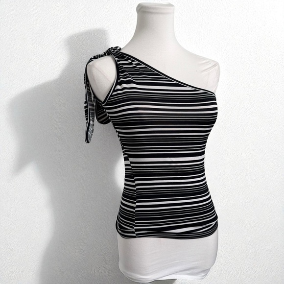 Y2K Striped One Shoulder Tank Top | Black White Tie Strap Asymmetrical Retro S - Picture 1 of 5